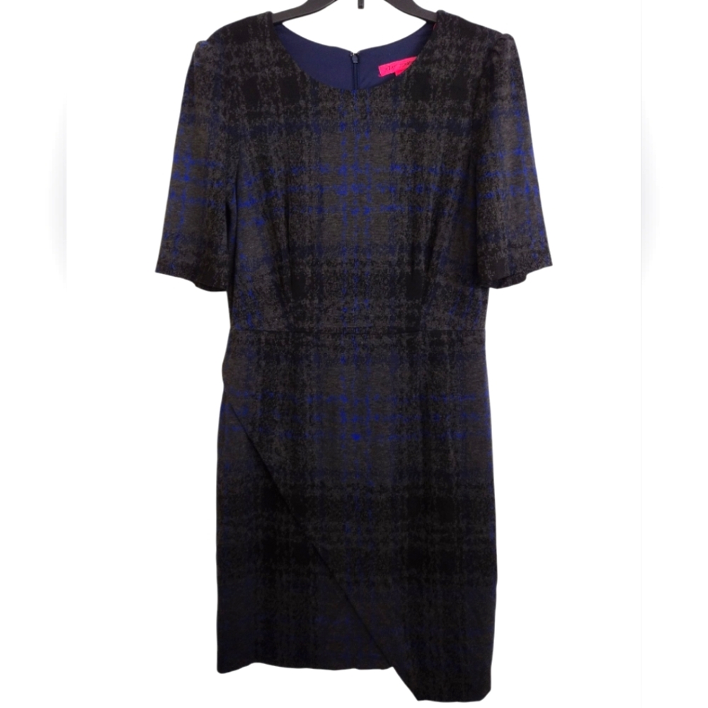 Betsey Johnson Elegant Asymmetrical Black Grey Blue Plaid Dress Size 12